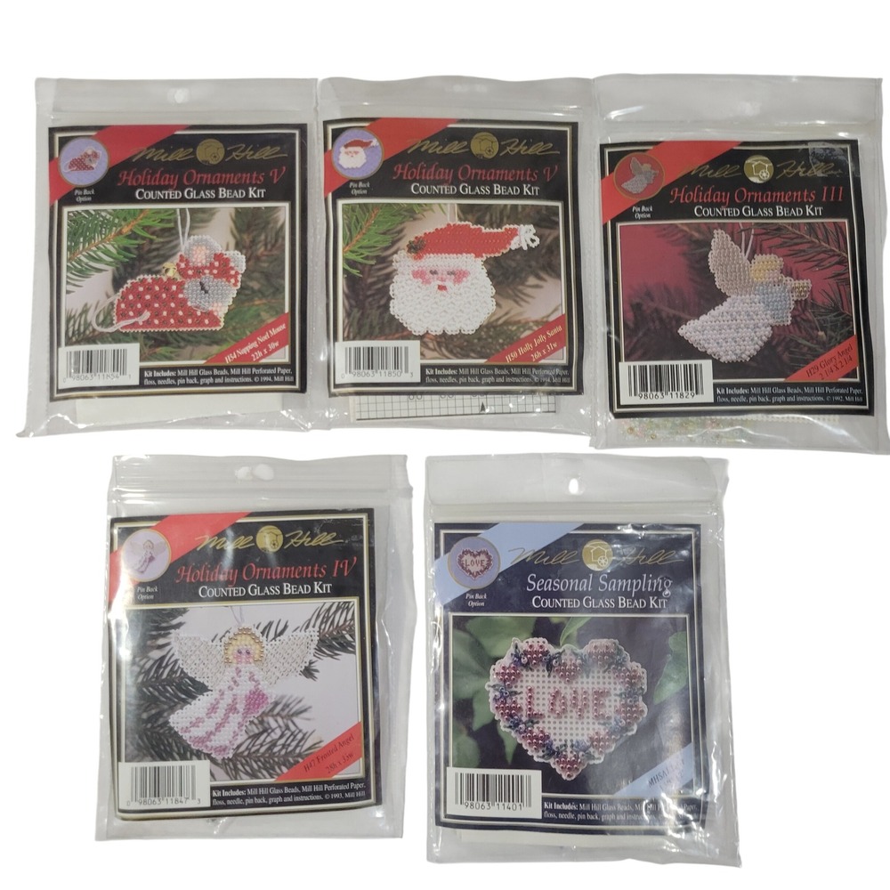 Lot of 5 Mill Hill Counted Glass Bead Kits Ornament Pin Craft‎ Angel Santa Mouse